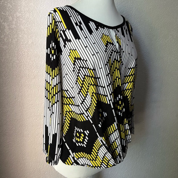 CHENAULT Black White Yellow Overlapped Long sleeve Abstract Casual Blouse Tops - Picture 3 of 11